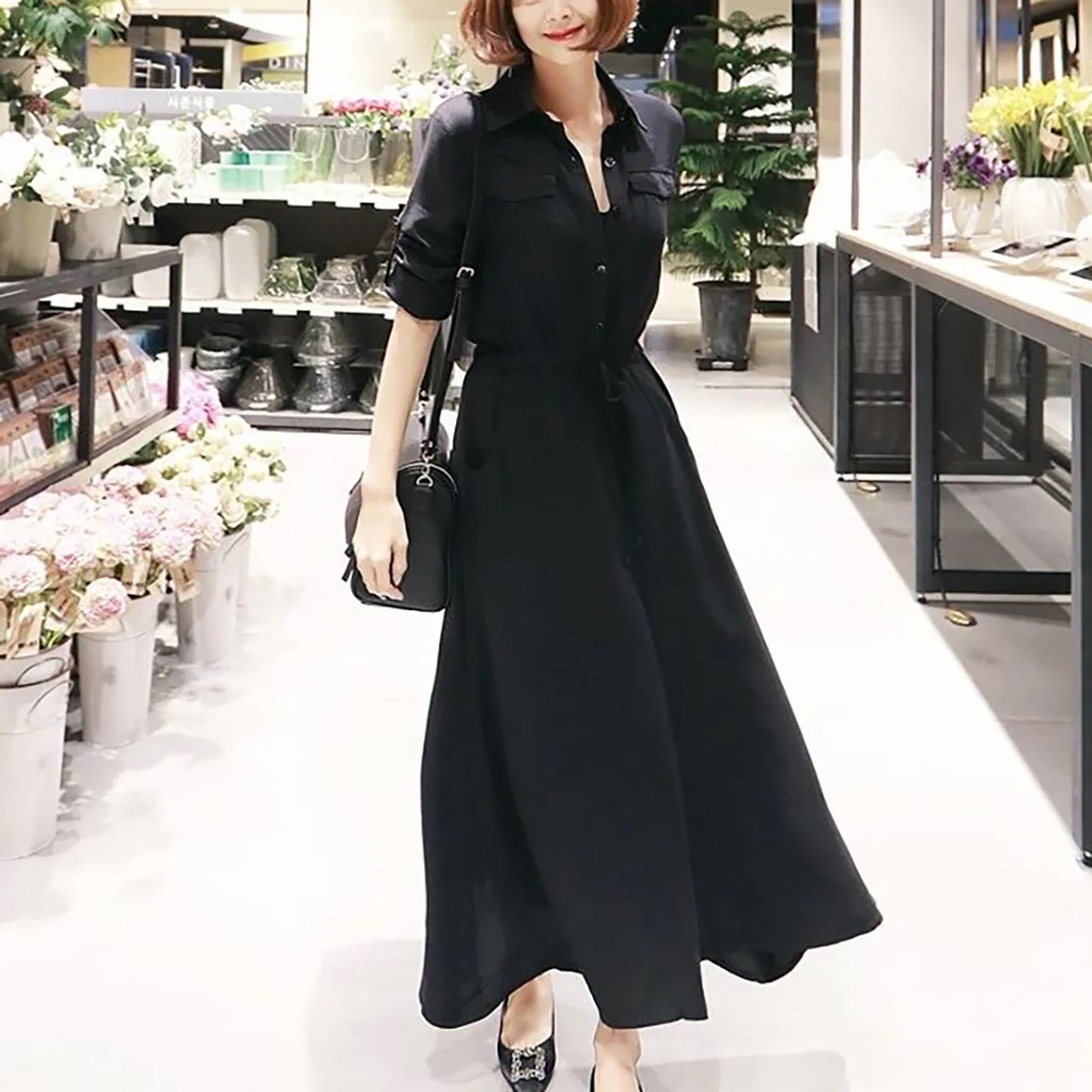ワンピース シャツワンピ シャツワンピース ロング丈 ロング マキシ丈 長袖 袖あり 襟付き ポロ襟 フロントボタン ポケット付き ハイウエスト リボン ひざ下 膝下 ロールアップ スリム 細身 綿