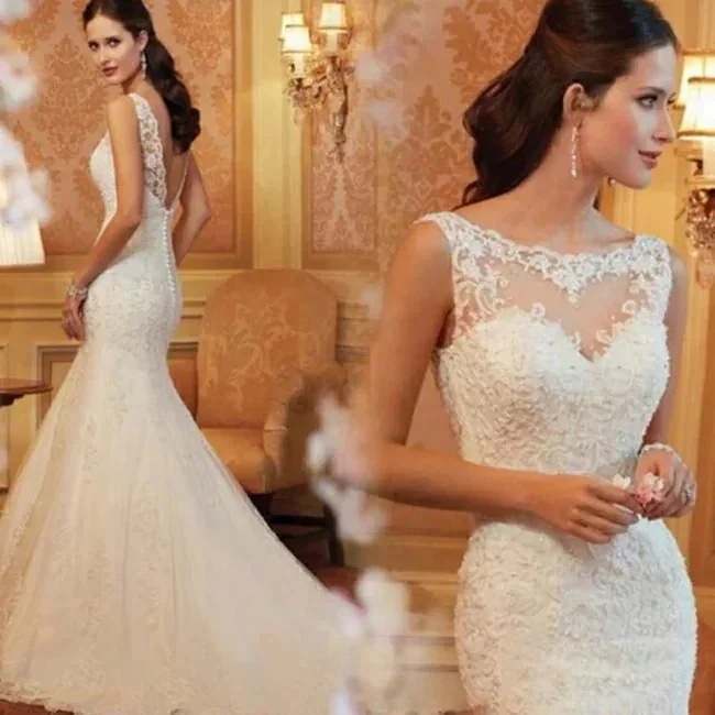 ウェディングドレス　マーメイドラインロングドレスウェディングドレスウエディングドレスノースリーブレース刺繍ファスナータイプホワイト