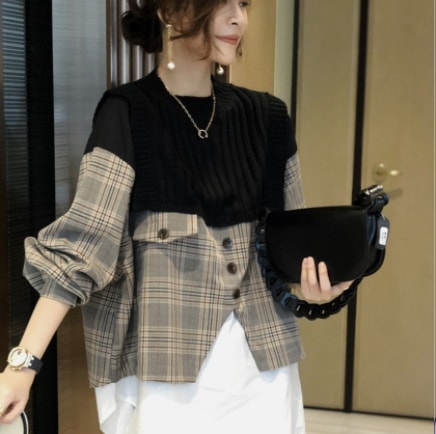 ツーピース風セーター トップス シャツ セーター オールインワン ミディアム丈 袖あり 長袖