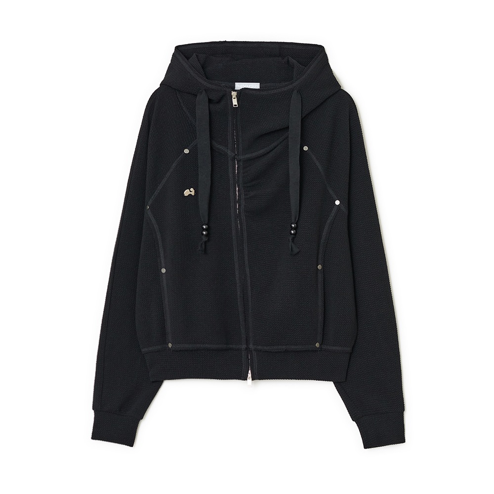 【HUGYOURSKIN】 SHIRRING HIGH-NECK HOODIE ZIP-UP : BLACK