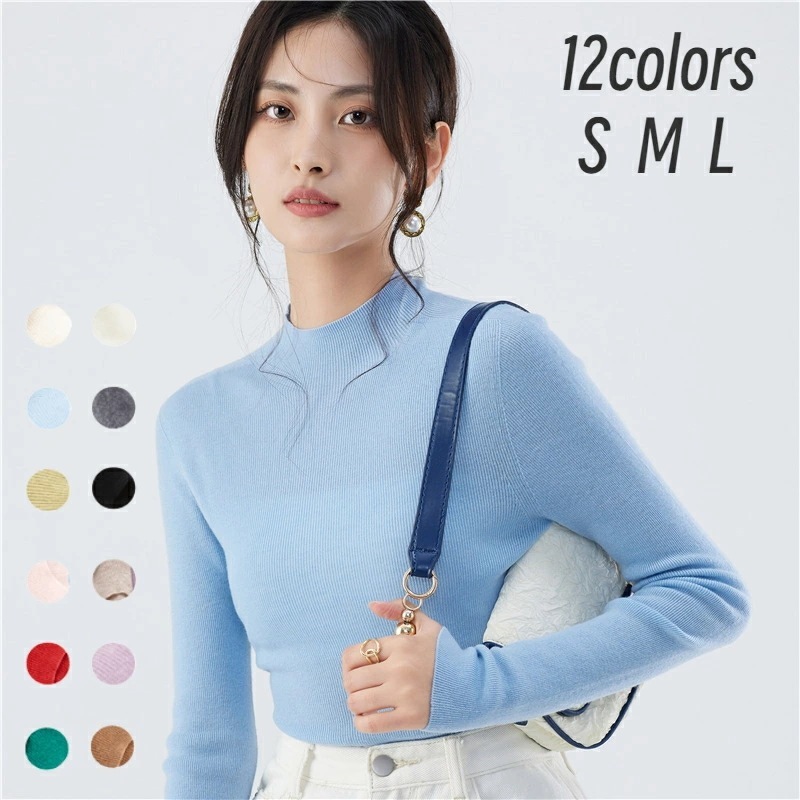 プチハイネックレディース秋冬長袖リブ編みプルオーバートップスニットトップスレディースニット着回し通勤オフィスストレッチ素材