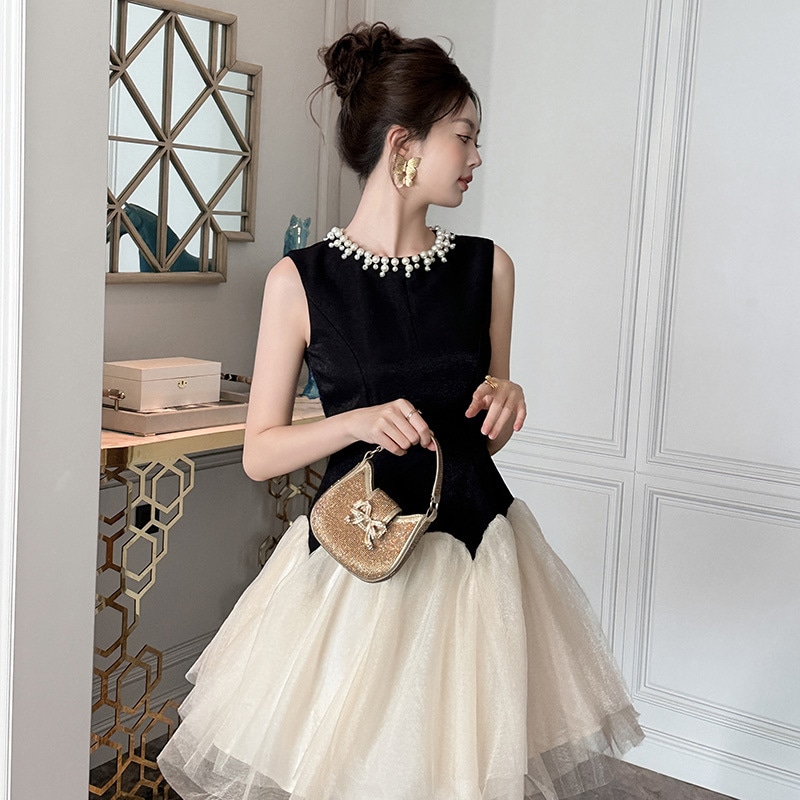 夏 ドレス 新作 フレンチ ラウンドネック ノースリーブ ウエスト引き締め チュールワンピース パーティードレス レディース