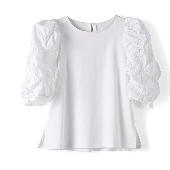 トップス カットソー 5分袖 ボリューム袖 ラウンドネック プルオーバー ショート丈 バックファスナー かわいい 大人可愛い きれいめ シンプル 上品 レトロ おしゃれ かっこいい カジュアル