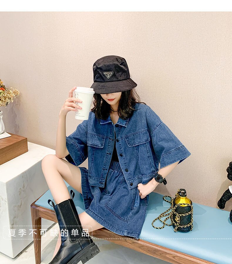 大人気！ 涼しく楽ちんセットアップ涼しく楽ちんセットアッププラスサイズツーピースデニムトップスショートパンツ婦人服夏ファッションスリム セットアップ