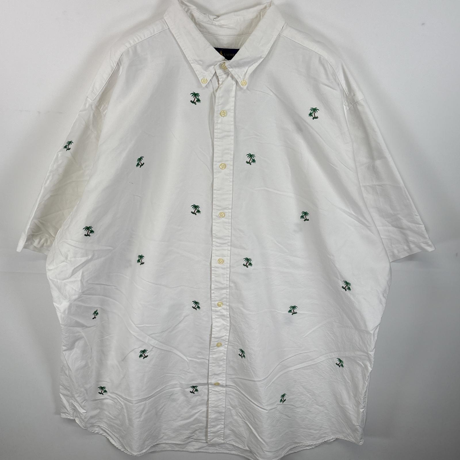 古着 半袖シャツ ボタンダウンシャツ 厚手 ヤシの木 3XLT ホワイト 総柄 メンズ