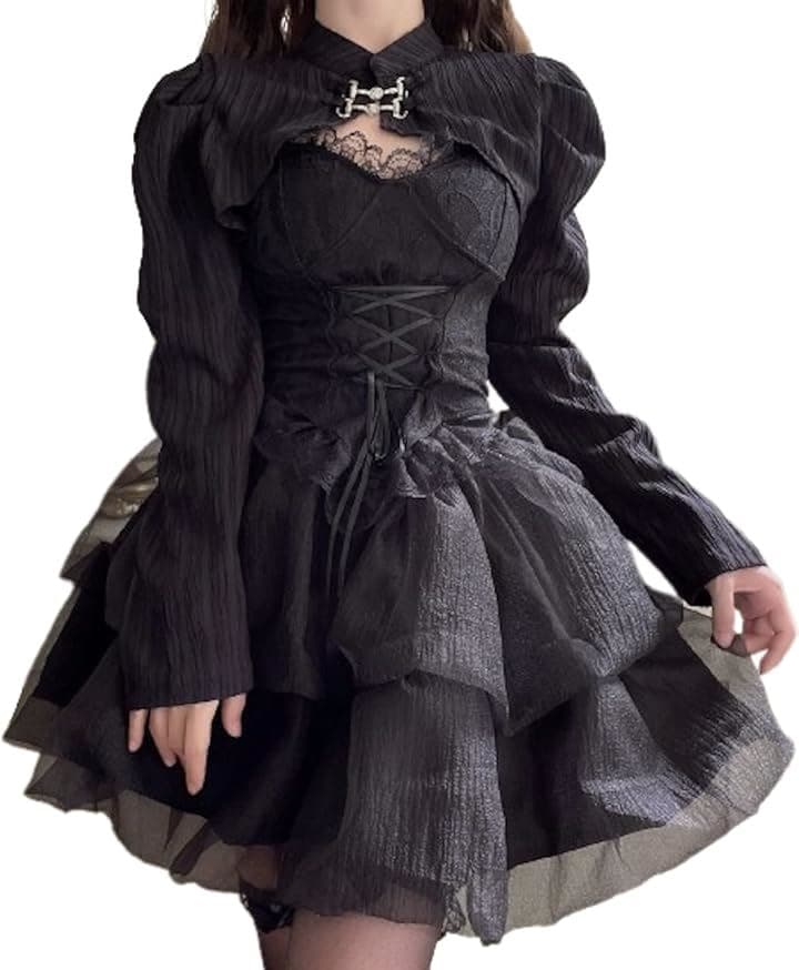 レディレイジー ゴスロリ ドレス ビスチェ ボレロ スカート 地雷系 コスプレ ひざ上 黒 3点セット( ブラック, S)