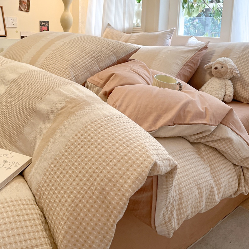 スプリングハイエンドフルコットンベッド4ピースセットピュアコットンワッフルキルトカバーベッドシート3ピースセットシンプルジャクアードベッド 8,276円