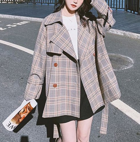 アウター 上着 コート トレンチコート Ａライン オーバーサイズ ミドル丈 チェック 格子柄 襟付き ダブルブレスト ドロップショルダー 体型カバー スタイルアップ 可愛い かわいい lout0454
