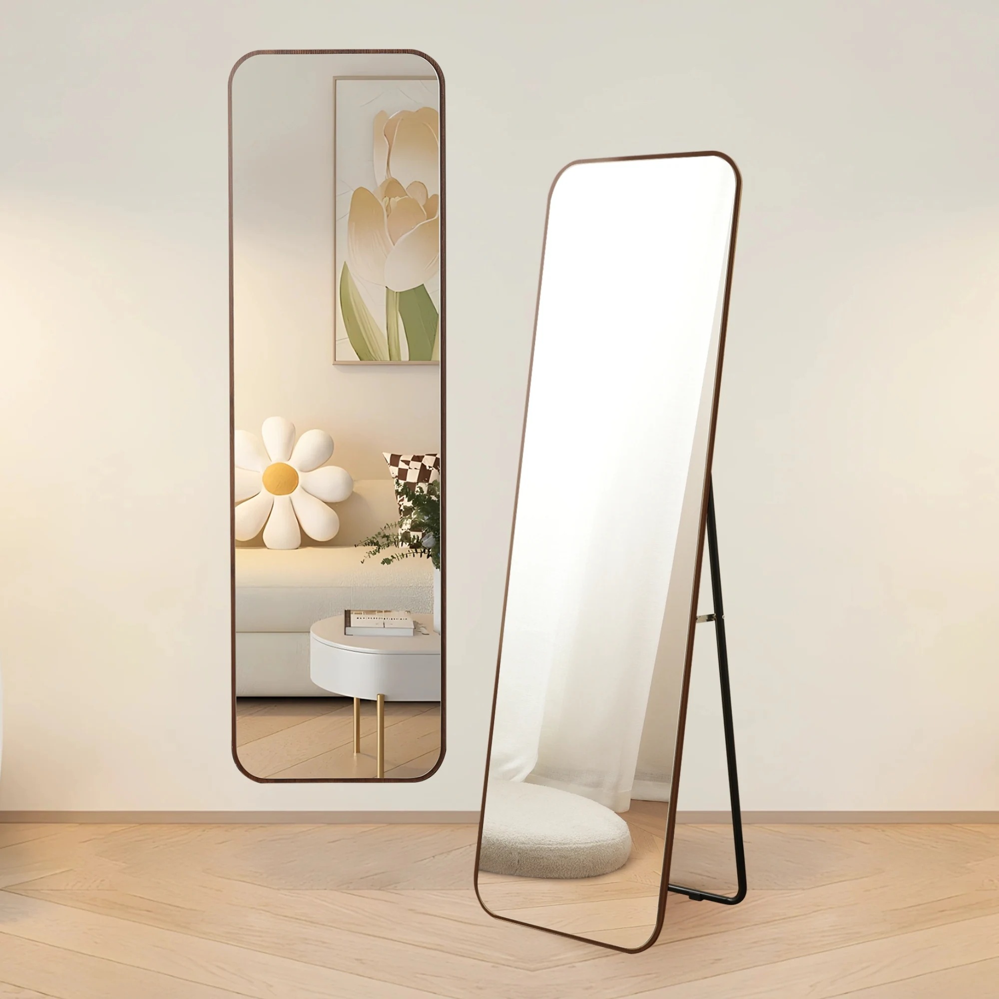 【国内即発送】全身鏡 丸角フレーム 姿見鏡 北欧 木目調 スタンドミラー 壁掛けミラー 立てかけ 姿見 鏡 ミラー おしゃれ 飛散防止 160*50CM ブラウン