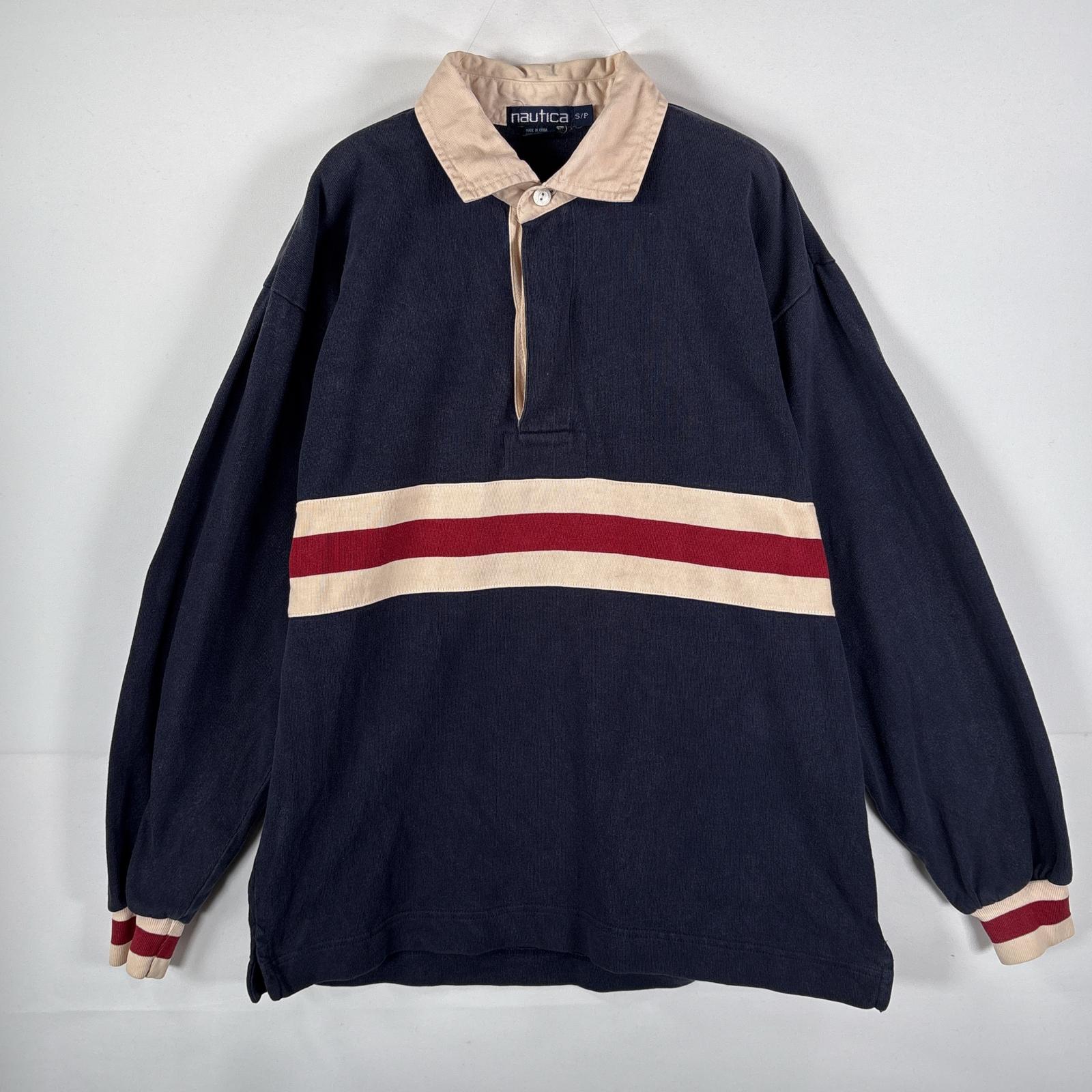 古着 90s/90年代 ラガーシャツ 袖リブ付き 刺繍ロゴ S ネイビー ボーダー メンズ