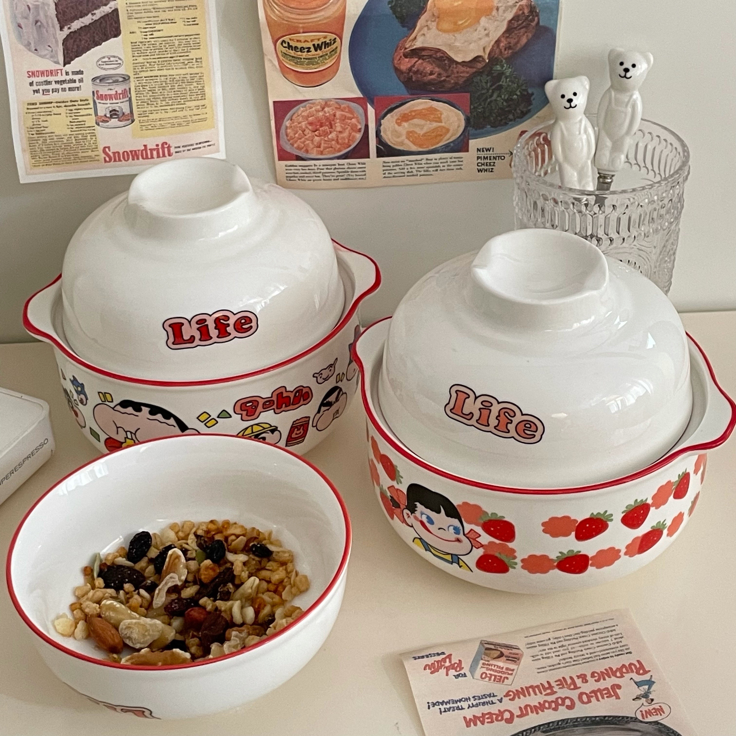 本日限定 82%OFF ins卡通可爱日本式双耳帯蓋泡碗寮家庭用耐熱朝食サラダ陶磁器碗少女