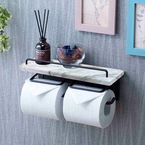 トイレットペーパーホルダー 棚付 大理石調 2連タイプ 幅27.5cm ペーパーホルダー トイレットペーパー ダブル 2連 棚 棚付き 小物置き トイレ ペーパー収納 ホルダー ペーパー押さえ