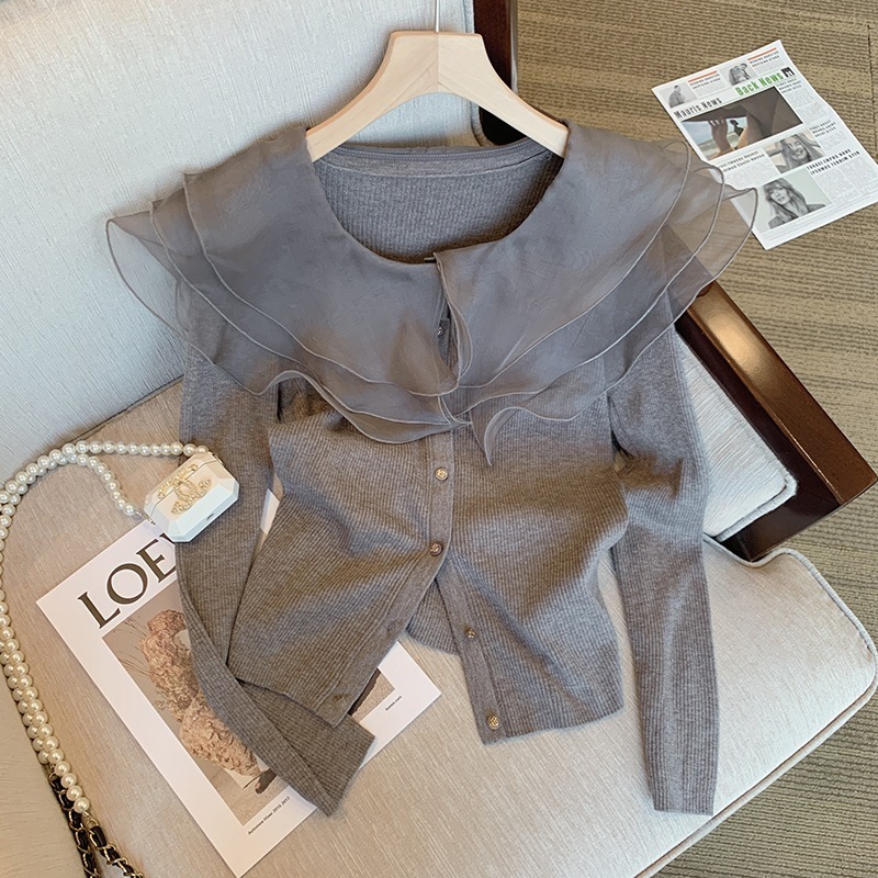 レースカラー ニットカーディガン エレガント襟 長袖 ビッグカラー シアー ラウンドネック 上品 エレガント 袖あり かわいい 大人可愛い おしゃれ フェミニン 大人女子 ラブリー フォーマル 個性的