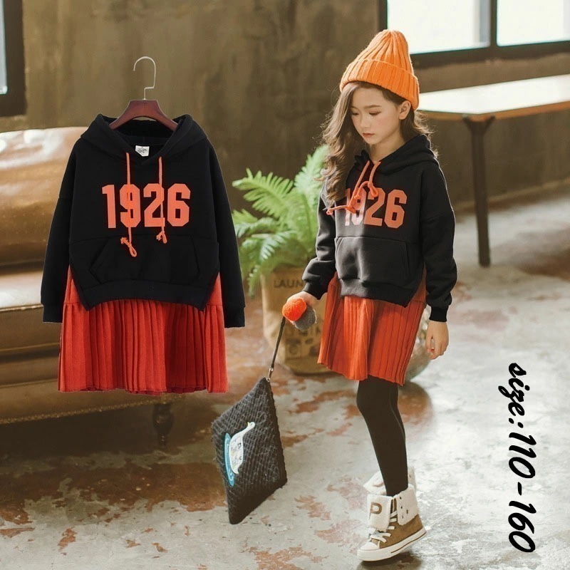 【即納】パーカーワンピース ロング丈 パーカー 長袖 トップス 裏起毛 あつたか 秋冬 プリーツスカート フード付き 子供服 プルオーバー 防寒服 切り替え カジュアル ゆったり 女の子 キッズ こど