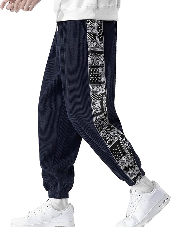 メンズ サイド ライン ジョガー パンツ ペイズリー 柄 コーデュロイ 長ズボン カジュアル ロング丈 無地 ストレッチ スリム サバゲー スポーツ ビジネス(ネイビー, XL)