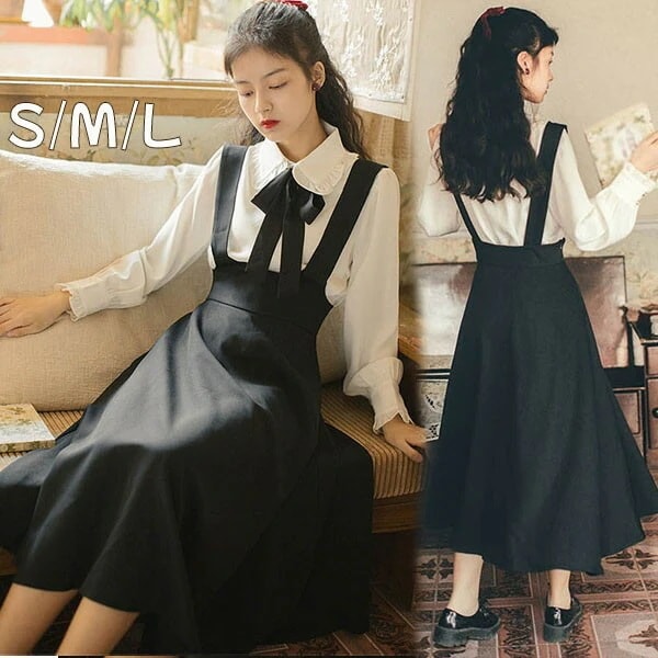 ジャンパースカート シャツ スタンドカラー　無地 ブラック レディース ロング ジャンスカ フレアスカート レトロロングスカート Aライト 可愛い かわいい 学生 中高生 春秋 クラシック S M L
