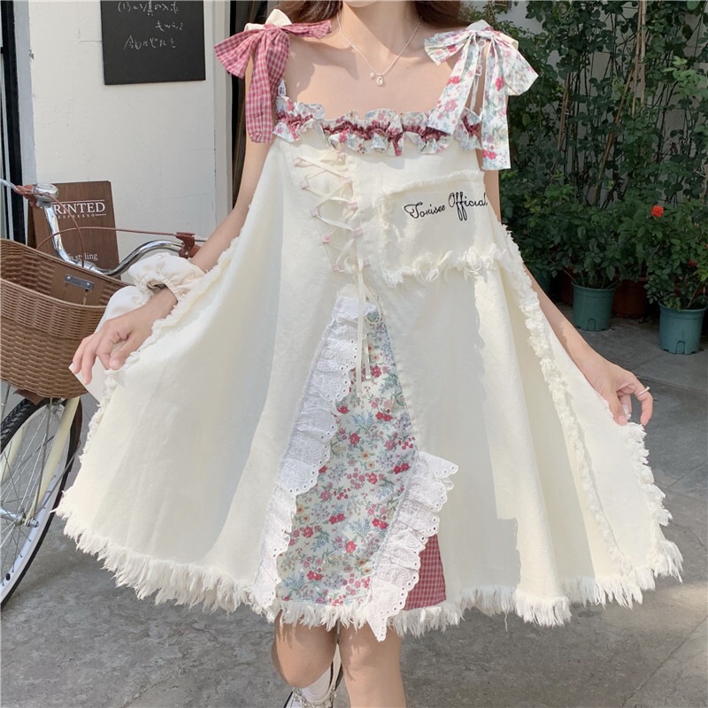 ワンピース レディース ミニワンピース M L 韓国 ミニ丈 ノースリーブ Aライン 切り替え リボン プルオーバー フリンジ かわいい 大人可愛い きれいめ シンプル カジュアル 上品 フェミニン