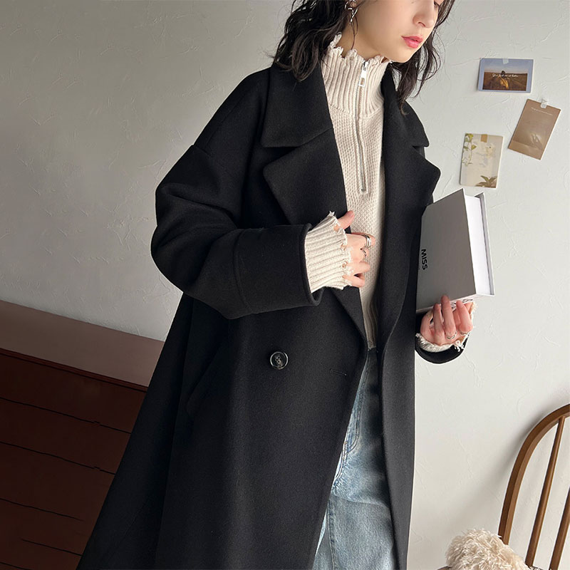 アウター コート レディース ウール ライク メルトン ジャージー 素材 ダブル テーラード チェスターコート ゆるっと オーバーサイズ 大きいサイズ