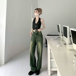 果緑の広脚のジーンズの女の夏の2022新モデルの高街の水洗い直筒のゆったりとした高い腰の顕やせのモップのズボン