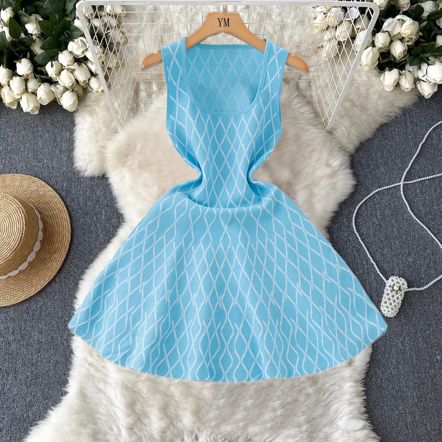 Yuoomuoo-女性の幾何学的なニットショートドレス,シックなファッション,y2k美的,ノースリーブ,aライン,夏のパーティードレス,韓国の女性 6,057円