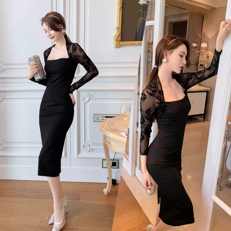 ワンピース ドレス レディース ワンピドレス シンプル 袖あり 長袖 デコルテ シック 切り返し レース 透け感 シアー フラワー 花 ミディ丈 スカート 膝丈 ハイウエスト 無地 大人っぽい 11,780円