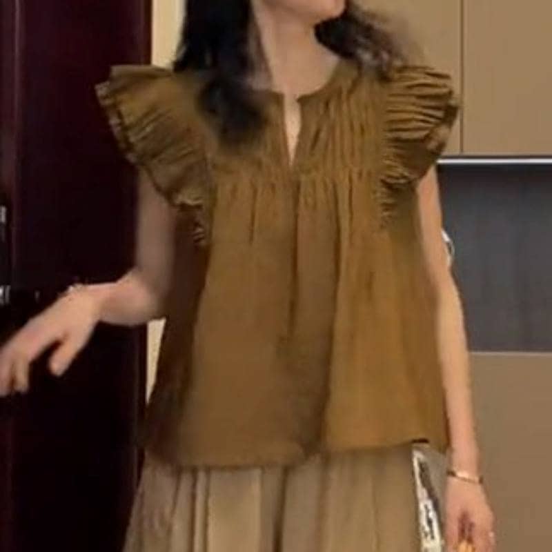 トップス シャツ ブラウス 袖あり フレンチスリーブ キーネック ワイド Aライン フリル ギャザー タック かわいい 大人可愛い きれいめ シンプル カジュアル 大人 上品 おしゃれ お洒落