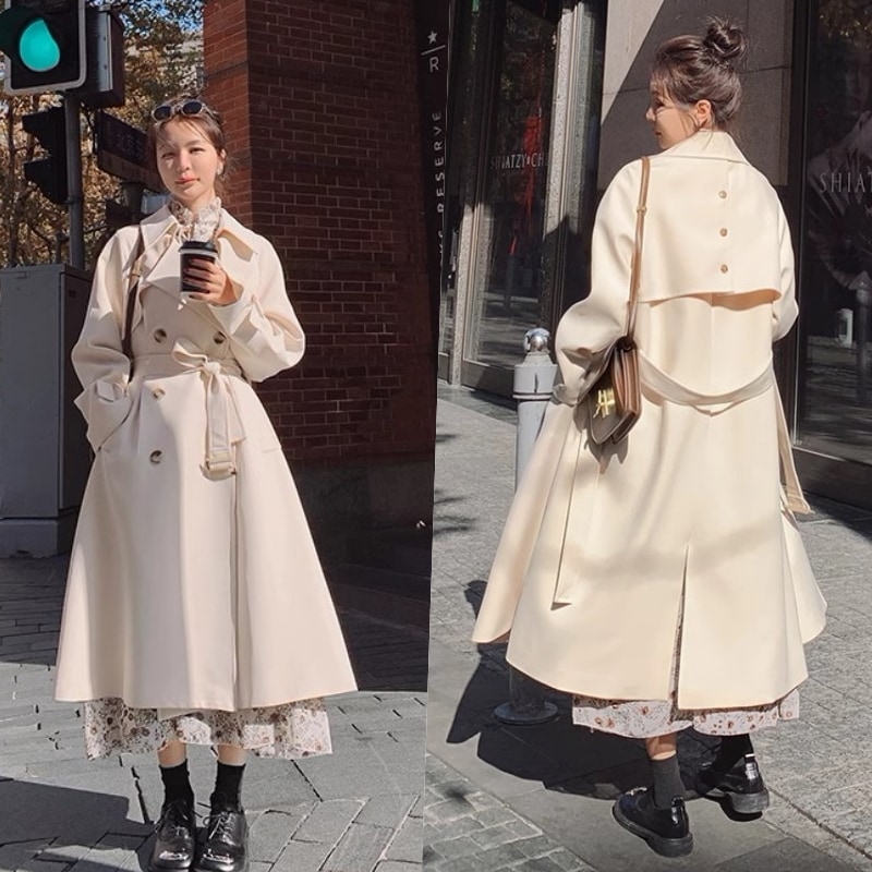 アウター レディース コート ロングコート トレンチコート ロング丈 ハイウエスト 細見え ベルト 膝下 海外 長袖 襟付き Vネック ゆったり 淡い 色っぽい セクシー エレガント きれいめ 1