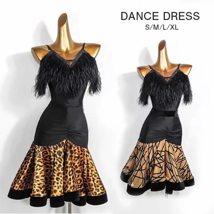 ベストセラーダンスドレス ダンス衣装 上下セット レオタード スカート 膝丈 ラテンダンス セクシー ブラック ヒョウ柄 ２色 ステージ衣装 練習着 チャチャチャ 舞踏会 ダンススカート 2025新作