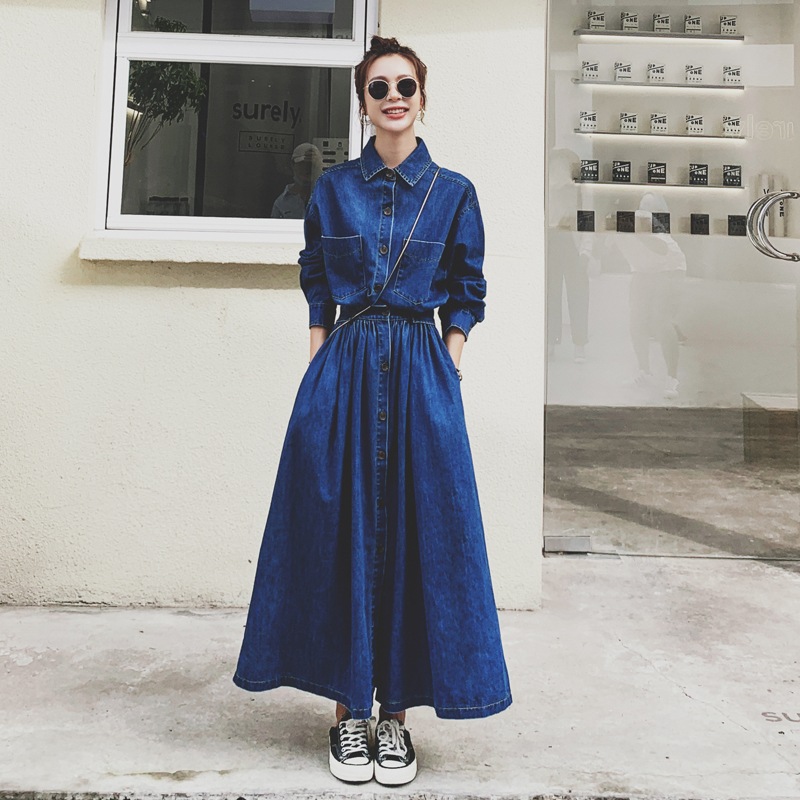 ワンピース ロングワンピース デニムワンピース 長袖 襟付き 前開き ボタン ウエストベルト ポケット ロング丈 かわいい 大人可愛い きれいめ シンプル 上品 おしゃれ 大人女子 レトロ きちんと