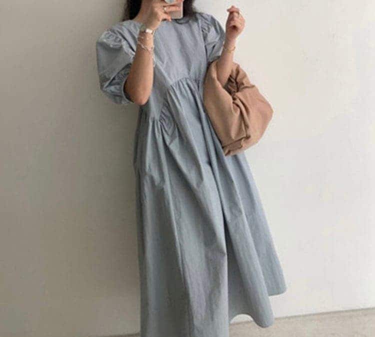 ワンピース ワントーン ワンカラー 半袖 パフスリーブ 袖あり 二の腕カバー ゆったり オーバーサイズ