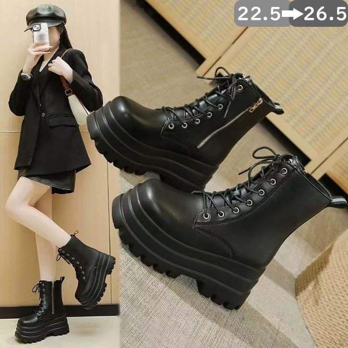 映えブーツ ファッション 春秋 黒 サイドファスナー 推し活 疲れない ブラック 新品/第1弾キャンペーンショートブーツ レースアップ 歩きやすい ヒール8.5 厚底 レディース