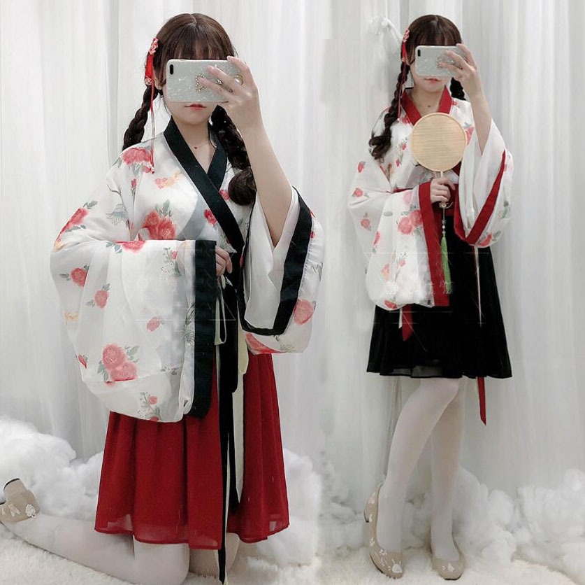 着物 コスプレ衣装 着物ドレス 漢服 チャイナ服 中華ドレス レディース 大人 可愛い 着物3点セット 和風 中華風 ハロウィン コスチューム 仮装 変装 花柄羽織 膝丈スカート ショートセット イベ