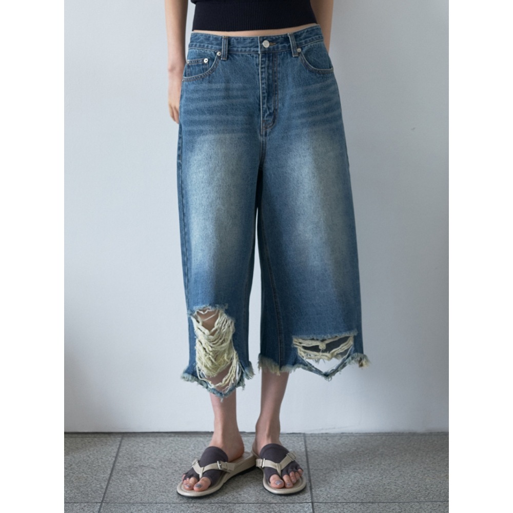 MILLO WOMEN ダメージ加工デニムバミューダパンツ
