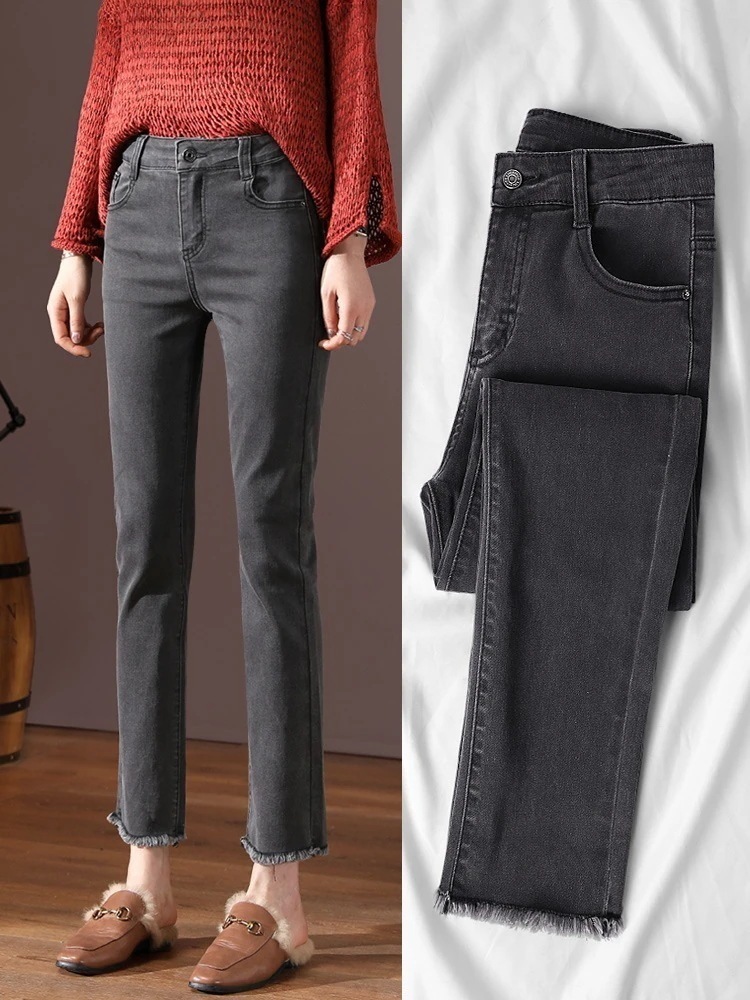 スモークグレーストレートジーンズ女性ハイウエストシーズンl新しい薄型ハイナインレディース