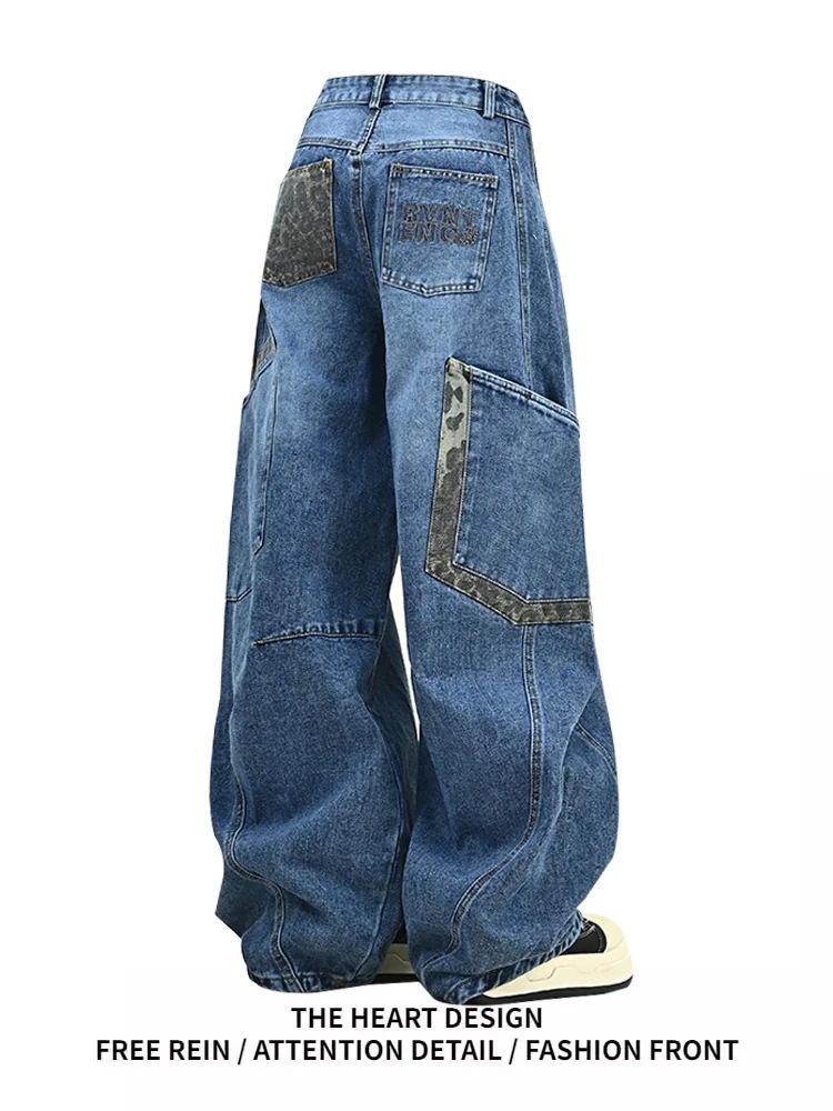 ビッグポケット ハイウエスト ストリート系ファッション風シルエット加工ゆったりレディース ステッチ入りスボトムス ジーンズ デニムパンツ 2025秋冬 韓国っぽ ルーズロング丈パッチワークフルレング