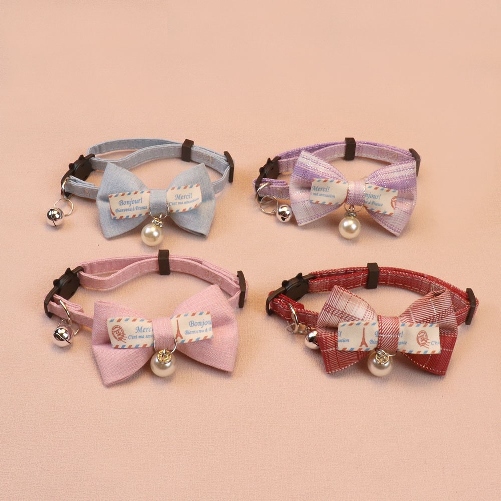【1点ご購入 で10点プレゼントいたします】ペット首輪チェックリボン鈴猫首輪かわいい真珠ストラップ犬首輪