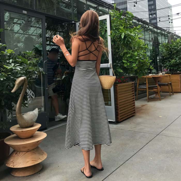 【急速出荷!】肌さわりのいい コットン キャミワンピ レースアップ ロングワンピース レディース ノースリーブ ボーダー キャミソールワンピース リゾート セクシー Aライン スカート カジュアル お