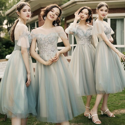 グリーン+シャンパン　4タイプ　ブライズメイド　ドレス　ミディアムドレス　二次会ドレス パーティードレス　ミモレ丈　ドレス　フォーマルドレス　ミディアム丈　ワンピース二次会演出司会 結婚式お呼ばれ　花