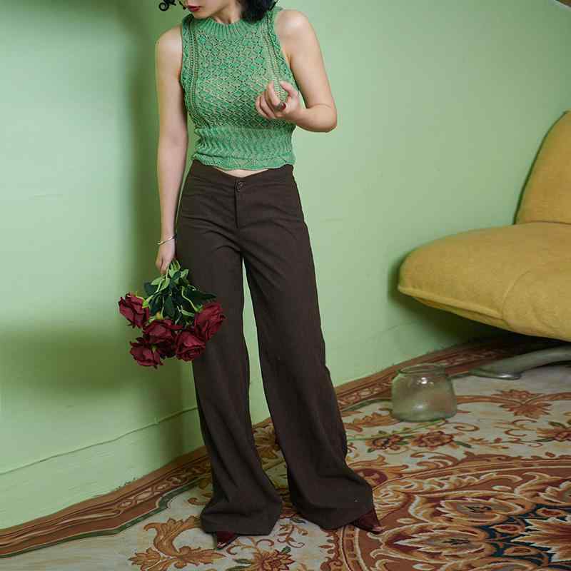 ニットベスト グリーン ノースリーブ レトロ 韓国 鎖編み 透かし編み 春 セクシー ショート丈 スリム