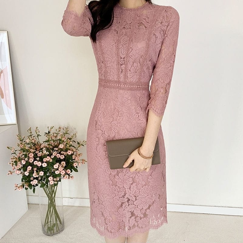 レースワンピース パーティードレス ミモレ丈ワンピース 総レース ミモレ丈 七分袖 ウエストマーク セレモニー レース 韓国 レディース オルチャン 膝丈 ミディアム丈 ハイウエスト