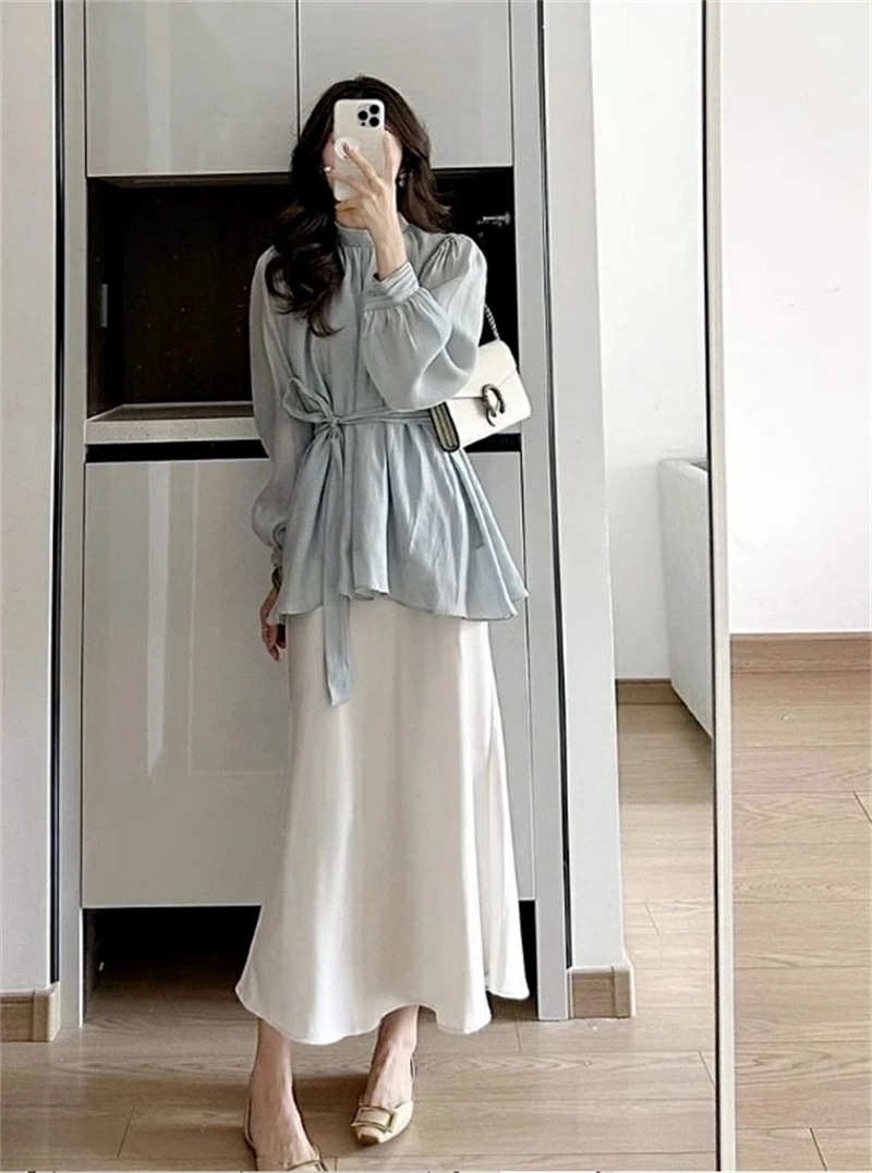 レディーススカートセット　　春秋セットアップ 　Aライン　上下セット　マキシスカート　膝丈　OL風　おしゃれ　柔らかい　ウェストゴム　着痩せ