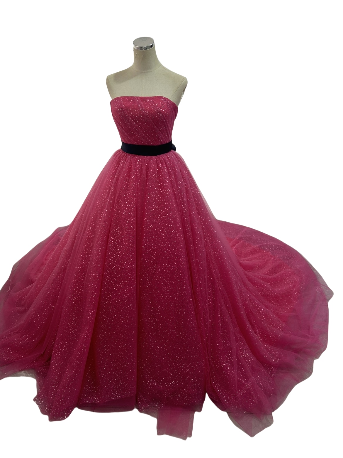 カラードレス ビビッドピンク ビスチェタイプ サッシュベルト 編み上げ キラキラグリッターチュール 花嫁