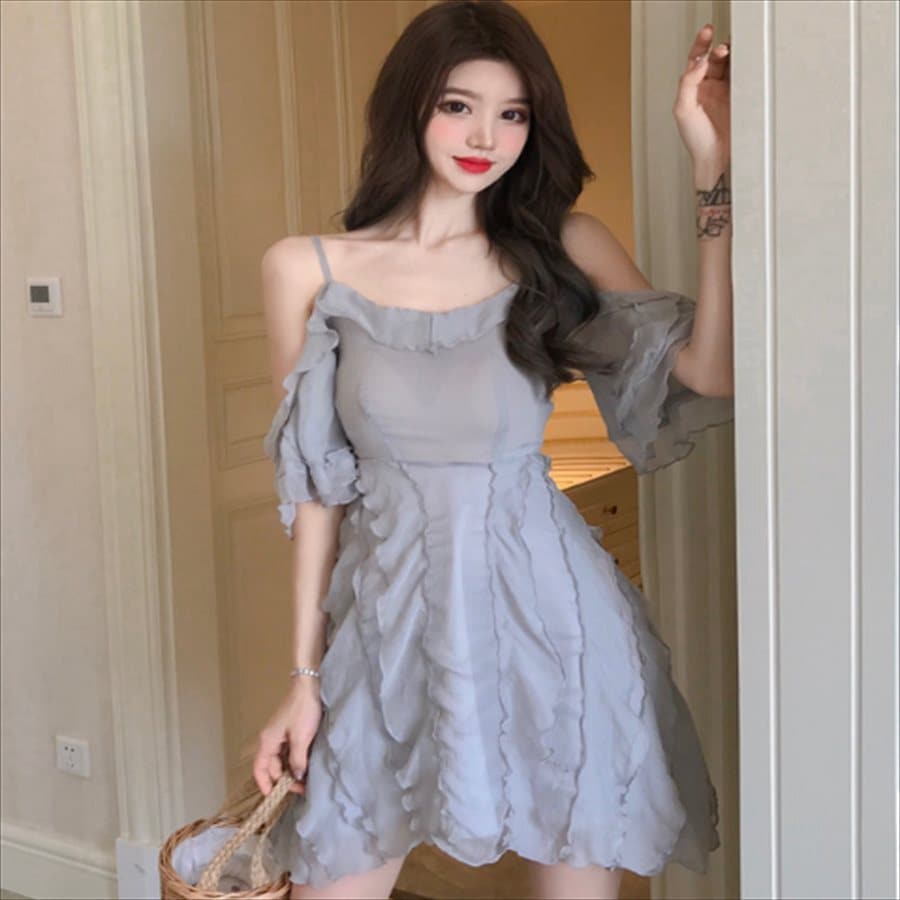 ミニドレス 2色 オフショル 無地 フリル フェミニン エレガント系 きれいめ 大人可愛い 体系カバー 夏 20代 30代 レディースファッション 可愛い お出かけ 女子会
