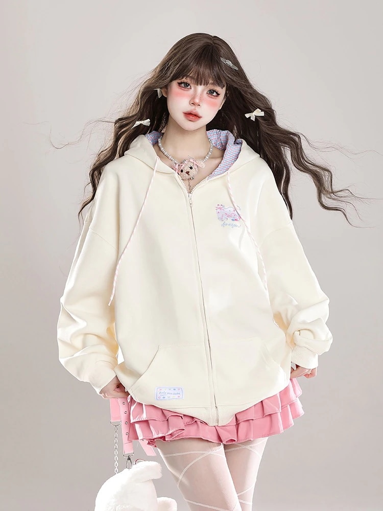 秋冬トップスかわいい パーカー フード付き韓国風 プリント 長袖ゆったり細見え白黒おしゃれレトロシルエット大人っぽ韓国フルサイズファッション系ルーズレディースサイド学生通学トラック羽織り