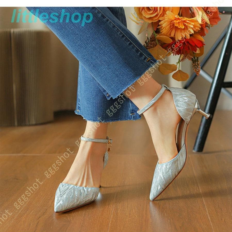 スタイルアップヒールパンプス パンプス 結婚式 ローヒール ピンヒール ハイヒール ストラップ ポインテッドトゥ グリッター キラキラ ラメ レディース シルバー シャンペン 二次会 キャバ ora