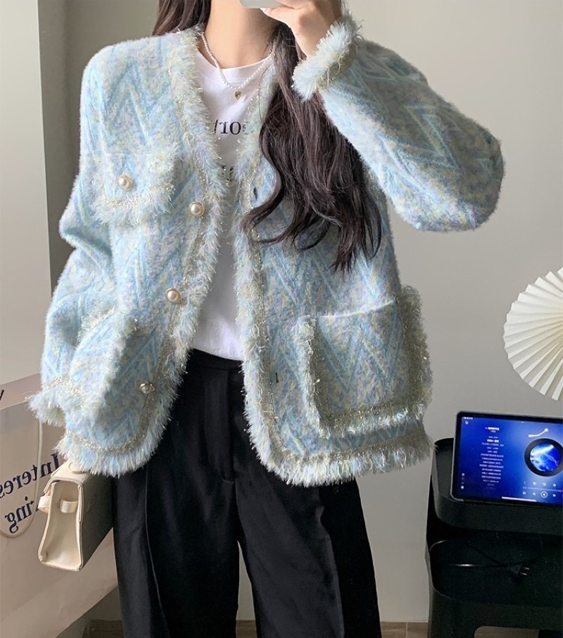 トップス ブルゾン ジャケット ポケット付き ツイード風 ノーカラージャケット ショート丈 長袖 大人 上品 おしゃれ お洒落 エレガント 存在感 春 秋 冬 レディース デート お出かけ 休日 旅行