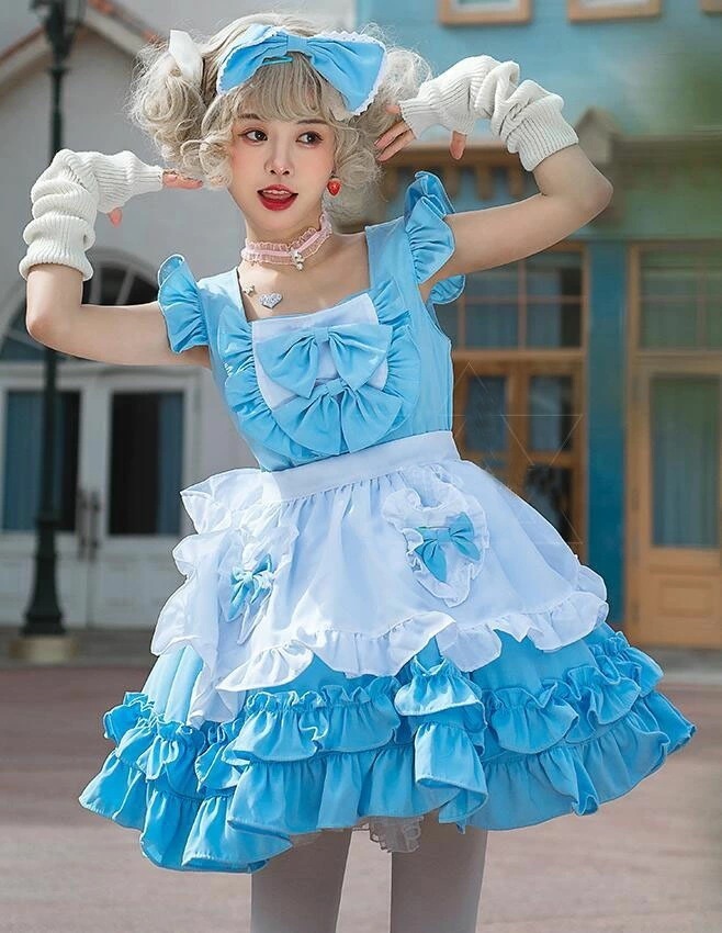 迅速な出荷 メイド服 女性 コスプレ ジャンパースカート 膝丈 ワンピース ノースリーブ JSK かわいい ウェイトレス メイド お姫様 ロリータ ドレス 裾フリル ハート リボン 喫茶店 制服 Lo