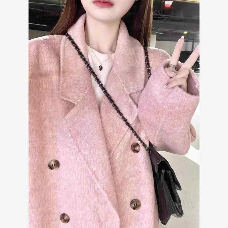 秋冬 コーデ レディース ファッション オシャレ 服 カワイイ シンプル 大人カワイイ 大きいサイズ サーモンピンク コート ハイエンド 韓国スタイル ウール