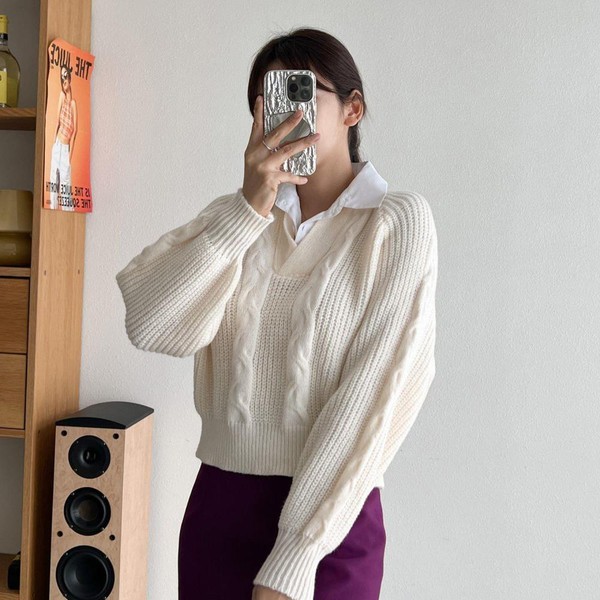 ダイエットアイテム レディース ビッグサイズ レイヤードシャツ フィッシャーマン ニット 5,613円