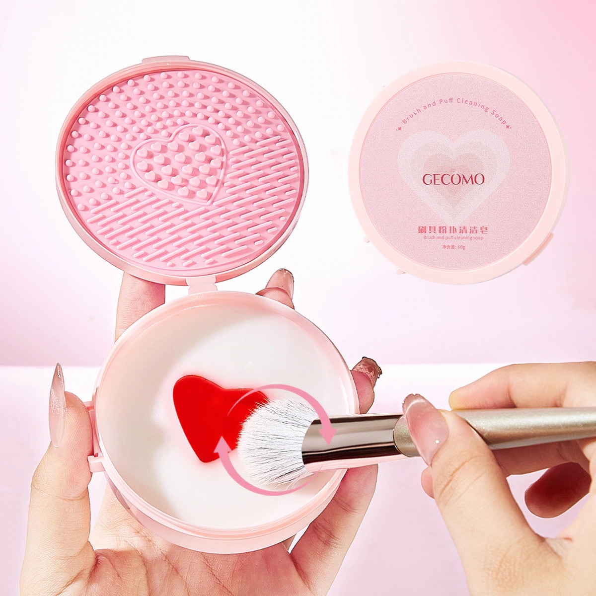 メイクブラシクリーナー スポンジクリーナー　くまグリーン&ピンク2個セット Qoo10] GECOMO メイクブラシクリーナー 石鹸 メイク道具